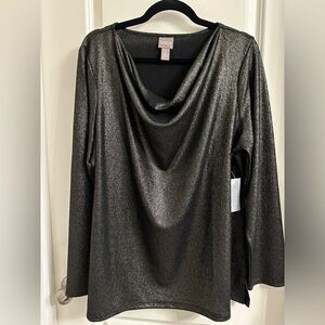 Chico’s Knit Foil Cowl Neck Top Size 3 Long Sleeve Pullover Color Soft Gold